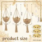 Sliner 3 Pack Jute Crochet Plant Hanging Baskets with Lights and Hooks Macrame Plant Hangers Boho Hanging Baskets for Indoor and Outdoor Home Decor, 3 Different Size