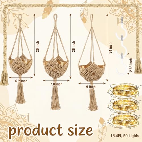 Sliner 3 Pack Jute Crochet Plant Hanging Baskets with Lights and Hooks Macrame Plant Hangers Boho Hanging Baskets for Indoor and Outdoor Home Decor, 3 Different Size