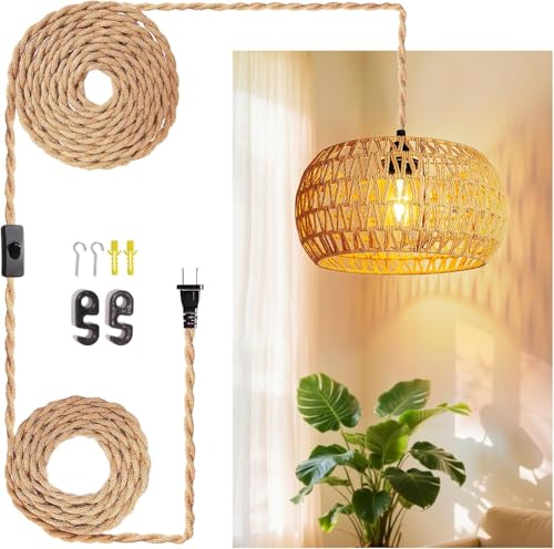 Hanging Lamps Rattan Pendant Light Hanging Lights 16.4ft Plug in Cord Pendant Light Fixture Plug Into Wall Outlet Pendant Lighting with On Off Switch for Bedroom Living - size: 12.6 Inch-Drum Shade