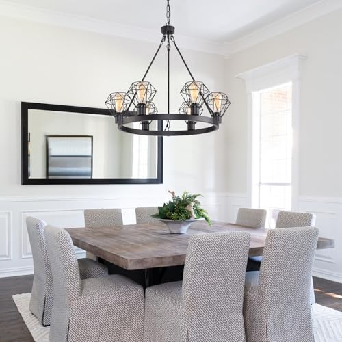 Wagon Wheel Chandelier Modern Farmhouse Pendant Light,Black Farmhouse Chandelier, 6-Light Wagon Wheel Chandelier with Adjustable Height, Dining Room Light Fixture, Hanging Lights - color: B