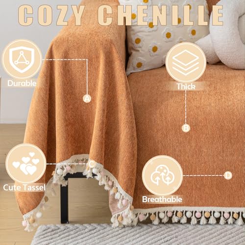 HANDONTIME Dark Orange Sofa Covers Couch Cover for Dogs Colorful Tassel Lovetseat Covers Pet Couch Cover Bohemian Sofa Cover for Couch Vintage Boho Couch Covers Futon Cover Pet-Friendly, 71" X118" - color: Tassel Ball: Orange, size: 71" x 118"