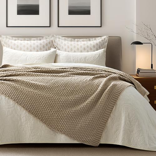 EVERGRACEHOME Chunky Chenille Knit Throw Blanket for Couch, Soft Luxurious Moss Stitch Blankets for Bed, Cozy Decorative Farmhouse Knitted Throws for Sofa, Sand Dune, 50" x 60" - color: Sand Dune, size: 50" X 60"