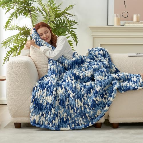 Amélie Home Chunky Knit Throw Blanket for Couch, Soft Chenille Handmade Crochet Throw Rope Knot Blanket for Couch, 50"x60", Space-Dyed Blue - color: Blue&white, size: 50"x60"