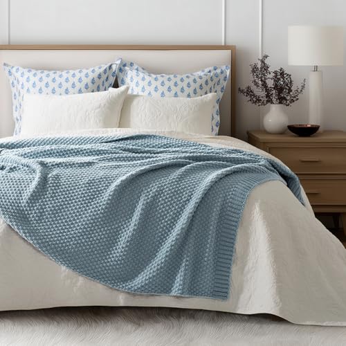 EVERGRACEHOME Chunky Chenille Knit Throw Blanket for Couch, Soft Luxurious Moss Stitch Blankets for Bed, Cozy Decorative Farmhouse Knitted Throws for Sofa, Chambray Blue, 50" x 60" - color: Chambray Blue, size: 50" X 60"