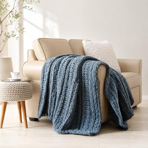 Battilo Chunky Knit Throw Blanket for Couch, Hand Made Chenille Throw Blanket, Super Soft Warm Cozy Dusty Blue Blanket for Bed, Sofa, Living Room, 50"x60" - color: Dusty Blue