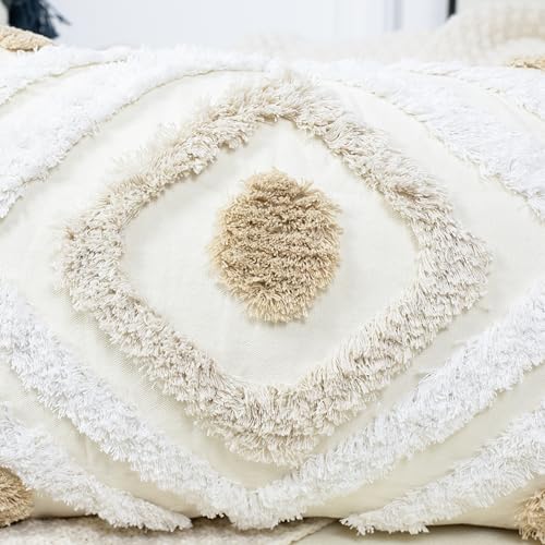 NUYECY Modern Long Lumbar Throw Pillow Cover 14 x 20,Cotton and Linen Tufted Decorative Boho Long Lumbar Pillow Case for Couch Sofa Bed Farmhouse Chair Outdoor,Khaki&Beige&White - size: 20" x 14" (Pack of 1)