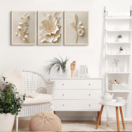 BHSUUHIT 3 Pcs Neutral Beige Botanical Wall art White Florals Wall Decor Cream Neutral Botanical Prints Beige Bloom Flower Textured Paintings Vintage Blossom Pictures 16x24in Unframed Poster - color: poster-Beige, size: 16L" x 24W"