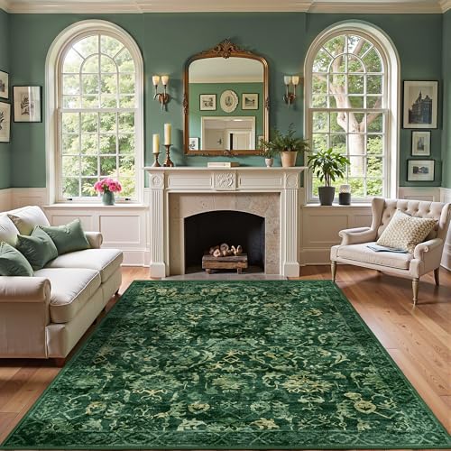 Dark Green Area Rugs 6x9 for Living Room, Washable Vintage Rugs for Bedroom, Distressed Throw Rug, Non Slip Rug Carpet for Bedroom Dining - color: Dark Green, size: 6'x9'