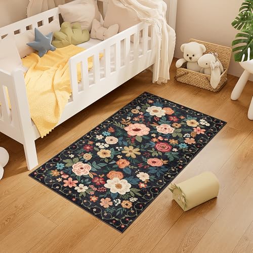 DUKINO 2x4 Rug for Entryway, Washable Kitchen Floral Runner Rug with Non Slip Backing, Low Pile Soft Boho Carpet for Kitchen, Hallway, Entryway, Laundry, Bedroom, Black - color: Black, size: 2' x 4' (Rectangular)