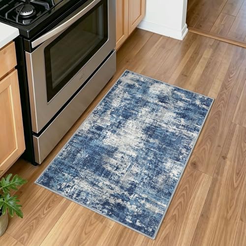 Lansny Abstract Small Area Rug 2x3 Entryway Rugs Washable Indoor Door Mat Entrance, Non Slip Kitchen Rugs, Rubber Backed Throw Rug Printed Faux Wool Floor Carpet for Front Door Foyer Entry Sink, Blue - color: Navy Blue / Slate Blue / Ivory, size: 2' x 3'
