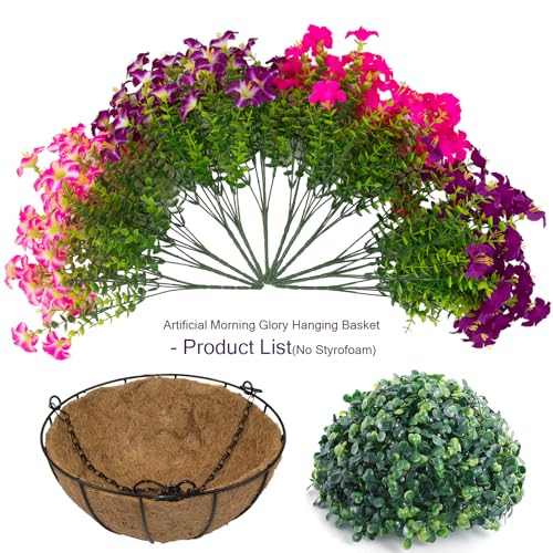 2 Set Artificial Outdoor Petunias Flowers with Hanging Baskets, 24 Pcs UV Resistant Faux Petunias Flowers with Hanging Planter for Front Door Porch Spring Outside Decor (2, RoseRed,RedViolet) - color: Rosered,redviolet