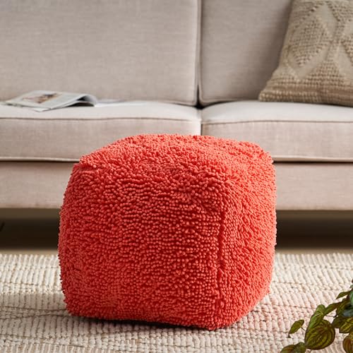 GDFStudio Modern Microfiber Chenille Cube Pouf Ottoman Foot Stool - Bean Bag Floor Chair - Foot Rest Couch for Living Room Bedroom,Coral,16"" x 16"" x 16"", Statha,coral, 314105N - color: Coral, size: 16"