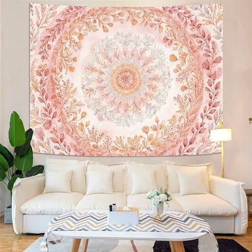 Wegklazax Watercolor Floral Mandala Tapestry, Soft Orange Botanical Wall Art for Room Decor, Cottagecore Aesthetic Home Decor 80" L x 60" W - color: Orange White, size: 80"L x 60"W