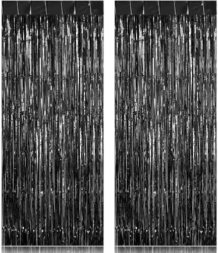 2 Pack Fringe Curtains Backdrops, Foil Fringe Curtains, Door Streamers for Birthday Wedding Bridal Shower Holiday Graduation Party Decorations, Photo Booth Backdrops, Black - color: Black