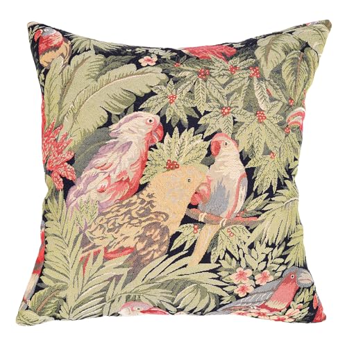 18x18 Tapestry Pillow Cover, Jacquard Woven Tropical Parrot Bird Jungle Botanical Palm Leaf Decorative Throw Pillow Sham for Couch Sofa, Exotic Vintage Cushion Case (Jungle Green & Parrot Crimson) - color: Exotic Jungle Green & Parrot Crimson