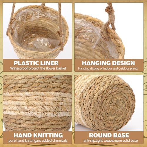 6 Pcs Seagrass Hanging Planter Basket Hand Woven Plant Basket with Plastic Liners Hanging Plant Holder Storage Containers with Cotton Rope for Indoor Outdoor Garden Home Decor(Beige) - color: Beige, size: Small