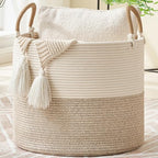 KAKAMAY Large Blanket Basket (18"x18"x16"), Woven Baby Laundry Hamper for Storage, Cotton Rope Basket for Nursery, Laundry, Living Room, Pillows, Baby Toy Chest with Handles (Black Stripes) - color: Brown and White