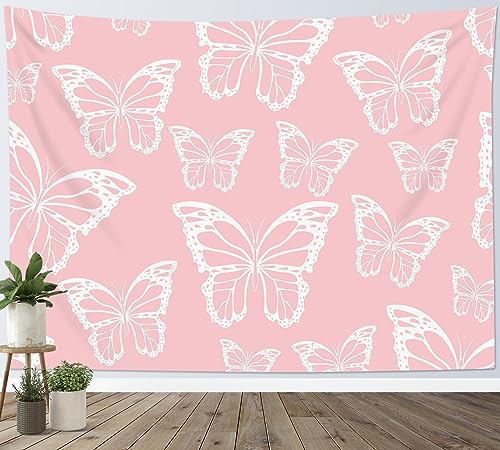 HVEST Butterfly Tapestry Wall Hanging, Vintage Butterfly on Pink Tapestry Girl Wall Art for Bedroom Living Room Dorm Wall Decor, 60W X 40H inches - color: Pink, size: 40"L x 60"W