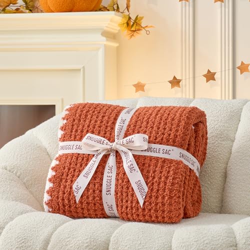 Snuggle Sac Orange Waffle Throw Blanket for Couch Bed Sofa 50x60 inches, Reversible Blanket Microfiber Fluffy Fuzzy Cozy Knit Soft Throws for Women Mothers Birthday Gifts - color: Waffle Orange 2, size: Throw(50"x60")