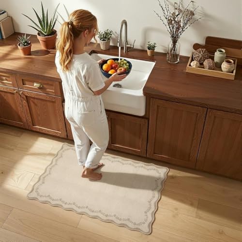 GarveeHome Scalloped Entryway Rug, 2x3 Solid Jute Washable Front Door Rug Indoor Entrance Floral Carpet Non-Slip Low Pile Throw Rugs for Kitchen Floor, Powder Room, Entry, Bathroom, Kids Room - color: Jute, size: 2' x 3' (Rectangular)