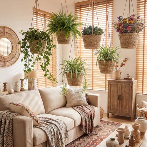 6 Pcs Seagrass Hanging Planter Basket Hand Woven Plant Basket with Plastic Liners Hanging Plant Holder Storage Containers with Cotton Rope for Indoor Garden Decor (Medium,Brown) - color: Brown, size: Medium