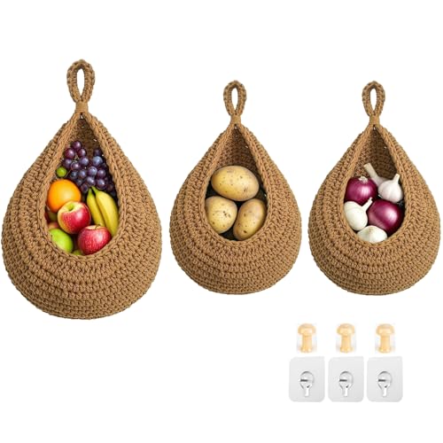 Hanging Fruit Baskets for Kitchen, 3 Pack Boho Cotton Rope Handwoven Vegetable Storage Wall Mounted Large Organizing Basket for Farmhouse Decor, Onion, Potato, Garlic and Plants (Caramel) - color: Caramel