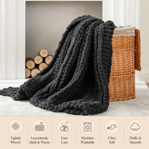 Battilo Chunky Knit Throw Blanket for Couch, Hand Made Chenille Throw Blanket, Super Soft Warm Cozy Charcoal Blanket for Bed, Sofa, Living Room, 50"x60" - color: Charcoal
