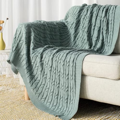 Carriediosa Cable Knit Throw Blanket Soft Textured Lightweight Farmhouse Decorative Throws Summer Knitted Woven Chenille Blankets for Couch Chair Bed Sofa, 50" X 60" Sage Green - color: Cable Knit - Sage Green, size: 50" X 60"