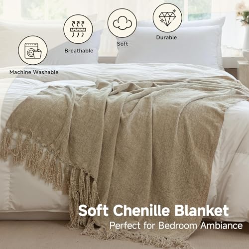 Simple&Opulence Soft Chenille Throw Blanket 50'' x 60'' - Cozy Fluffy Blanket with Fringe Tassel, Farmhouse Boho Blankets for Couch Bed Office Chair Gift Home Decor All Season Use, Khaki - color: Khaki