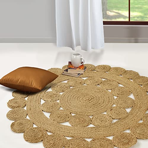 GRUHUM Round Jute Area Rug 5ft Natural Fiber Collection Handmade Boho Charm Farmhouse Jute Area Rug Soft Braided Reversible Rustic Rug for Indoor EcoFriendly Kitchen Bedroom Living Hallways Enterways - color: Natural- 29, size: 5' (Round)