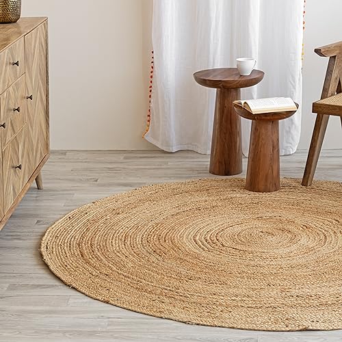 HOMEMONDE Handwoven Jute Area Rug - 5 feet Round Natural Yarn Loom Braided Rug - Eco-Friendly Boho Farmhouse Reversible Design for Bedroom, Living Room, and Kitchen - size: 5' (Round)