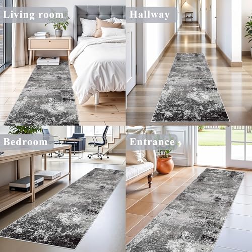 2x8 Washable Hallway Runner Rug – Non-Slip Modern Abstract Neutral Low-Pile Stain-Resistant Carpet Runner for Kitchen Entryway Bedroom Bathroom (Black Grey,2x8) - color: Black Grey, size: 2' x 8' (Rectangular)