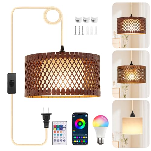 ZSLAIFU Plug in Pendant Light, Hanging Light with Bulb and Remote, Hanging Lamp Plug in for Bedroom, Living Room, Kitchen, Farmhouse Decor - color: Brown - White Shade