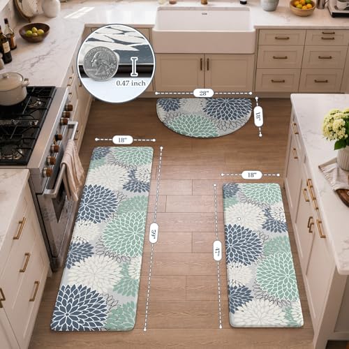 KIMODE Kitchen Mats for Floor Cushioned Anti Fatigue,Floral Farmhouse Kitchen Rugs Sets of 3 Non Slip,Waterproof Kitchen Carpet Runner Decor for Sink Laundry Bathroom,Multi Cyan - color: Multi Cyan, size: 18" x 28"+18" x 47"+18" x 59"-0.47 inches