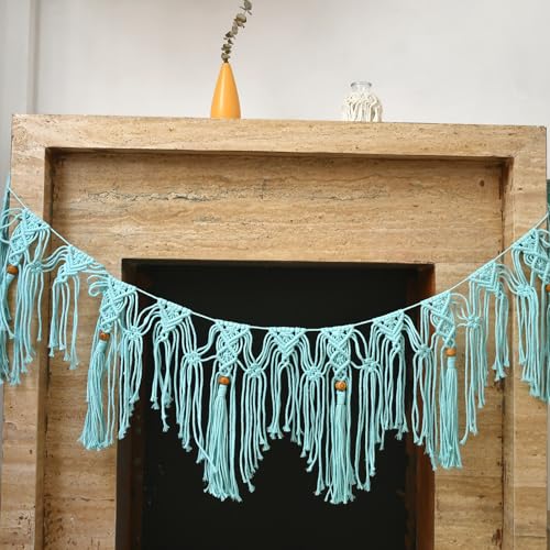 Garland Banner, Macrame Wall Hanging Decor, Boho Fringe Tassel Hanger Decoration for wall/Desk/Party/Room/Doorway/Window 55“X 12" (Tiffany Blue) - color: Tiffany Blue