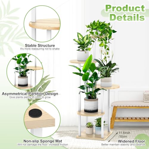 5 Tier Wood Tall Plant Stand Metal Rack Indoor, Multiple Flower Pot Holder Shelves Corner Rack, Round Planter Shelf Display Rack Storage Organizer for Patio Living Room Balcony(White+Oak) - color: White+Oak, size: 5 Tier