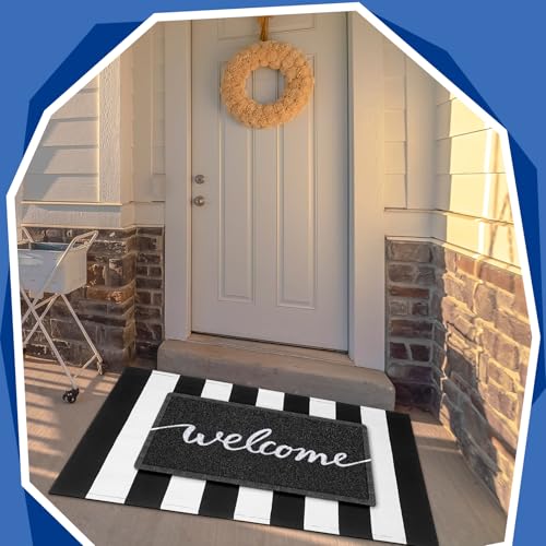 Geelin 2 Pcs 30'' x 18'' Doormat 43'' x 27.5'' Black and White Layered Rug for Front Door Mat Outside Entrance Welcome Door Mats for Indoor Outdoor Entryway Porch Decor(Stripe Welcome) - style: Stripe Welcome