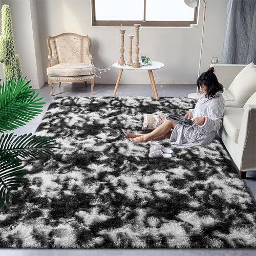 DweIke Fluffy Black White Shag Rugs for Bedroom Living Room, 3x5 Feet Soft Plush Tie-Dyed Cow Girls Boys Kids Rug, Non-Slip and Machine Washable Carpet for Dorm Nursery Classroom Decor - color: Tie-dyed Black, size: 3 Ft X 5 Ft