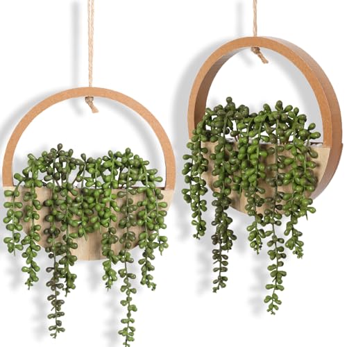 2 Pack Fake Plants Artificial Wall Hanging Plants, Boho Hanging Planter Fake Succulents Artificial String of Pearls in Wooden Pots with Lanyard for Home Office Wall Decoration - color: Wood Color, size: 2 Pcs