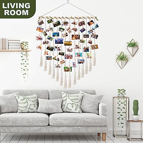 Hanging Photo Display boho bedroom decor teenage girl room decor Birthday Gifts for Grandma gift for mom Grandma’s Gifts - from Daughter, Granddaughter and Grandson - Mom Grandmothers Photo Holder，with 30 Wood Clips, 35" L x 30'' W