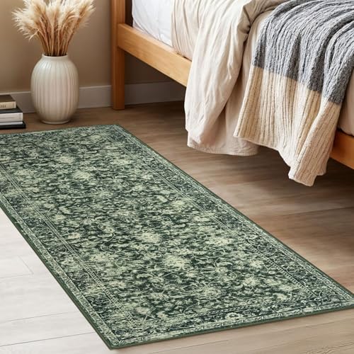KILOCOCO Hallway Runner 2x5 Kitchen Runner Rug Printed Vintage Floral Washable Non-Slip Runners for Hallways Laundry Room Rugs Distressed Boho Rug Runners for Bedroom, Green - color: Dark Green/White, size: 2' x 5' (Runner)