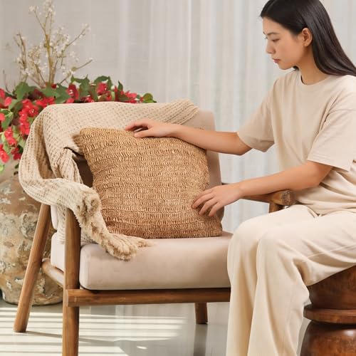 Raffia Hand Knitted Pillow Cover, 18x18 – Boho Decorative Cushion Cover for Couch, Sofa or Bed, Rustic Natural Throw Pillow Case
