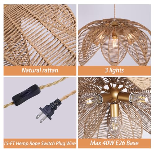 Rattan Plug in Pendant Light with 15FT Hemp Rope Cord Boho Light Fixture Can accommodate 3*E26 Bulbs of Woven Wicker Chandelier for Living Room Bedroom Dinning