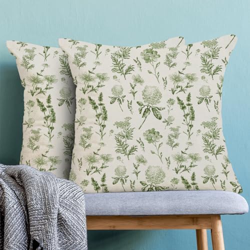 AEIOAE Sage Green Spring Pillow Covers 16x16 Inch Set of 2, Wild Flower Leaves Plant Throw Pillows Case,Seasonal Floral Outdoor Decorative Farmhouse Decor Cushion Covers for Home Sofa Bed Couch - color: Sage Green Wild Flowers, size: 16" x 16" (Pack of 2)