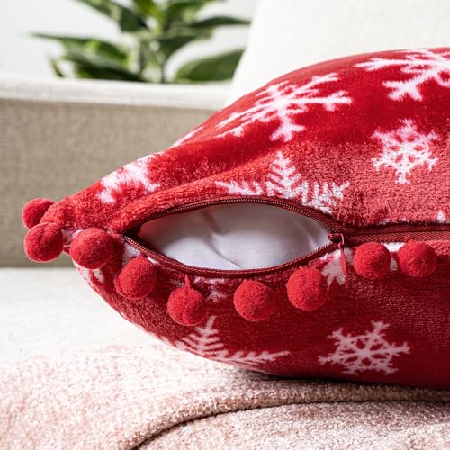 PAVILIA Snowflake Red Throw Pillow Covers with Pom Pom 18x18 Set of 2, Christmas Decorative Pillow Cases for Bedroom, Holiday Small Pillows Set for Bed, Velvet Winter Plush Cushion Covers Sofa Couch - color: Snowflake Red, size: 18" x 18" (Pack of 2)