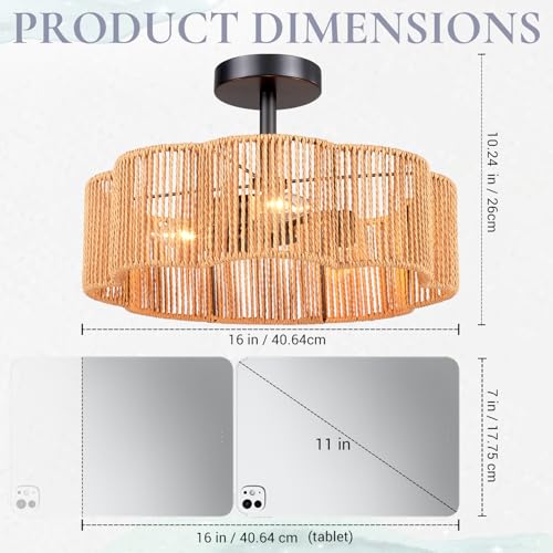 Hamilyeah 16 Inch Boho Semi Flush Mount Ceiling Light, Woven Scalloped Shade Ceiling Fixture with 3-Light E12 Base, Black Decorative Ceiling Light for Bedroom, Entryway, Kitchen, Hallway - color: Black 16 INCH Semi