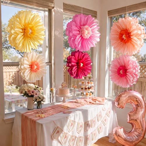 Giegxin 6 Pcs 31.5", 24" Giant Colorful Paper Flowers Mexican Fiesta Tissue Flowers for Wall Decorations Pink White Yellow Large Crepe Flower for Wedding Birthday Classroom Bridal Shower Bachelorette - color: Pink,White,Yellow, size: 31.5", 24"
