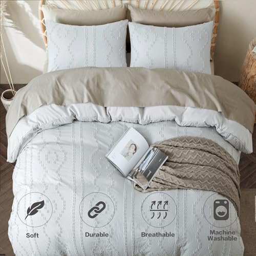 Duvet Cover Queen, 3PCS Boho Duvet Cover Set, Geometric Pattern Tufted Bohemian Comforter Cover Jacquard Knit Textured Bedding Set with Zipper Closure (Light Grey) - color: Light Grey, size: Queen