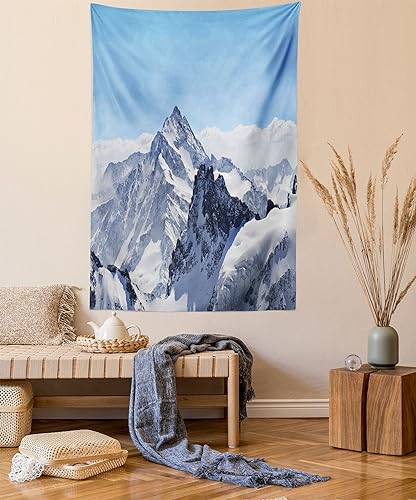 Ambesonne Winter Tapestry, Snowy Rocky Mountain Peaks Tops Scene High Lands ICY Frozen Swiss Outdoor Art, Wall Hanging for Bedroom Living Room Dorm Decor, 60" X 80", Blue and White - color: Blue and White, size: 80"L x 60"W