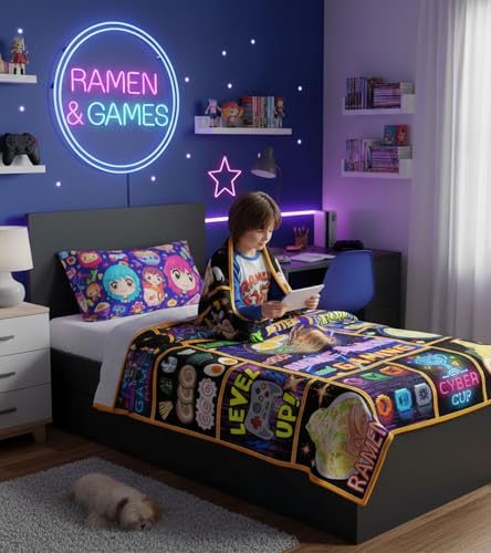 Aipon Anime Ramen Gaming Gamer Blanket 50"x 60", Anime Ramen Lover Gaming Gamer Gifts for Boys Kids Men, Funny Food Game Controller Blankets, Soft Cozy Lightweight Throw Blanket for Girls Women - color: Orange Ramen, size: 50.00'' × 60.00''
